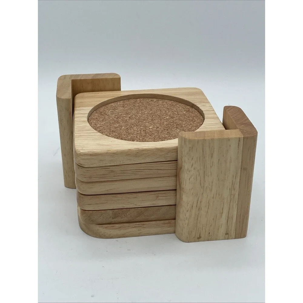 Set Of 5 MCM Vintage Light Wood Drink Coaster Set with Holder CORK TAIWAN